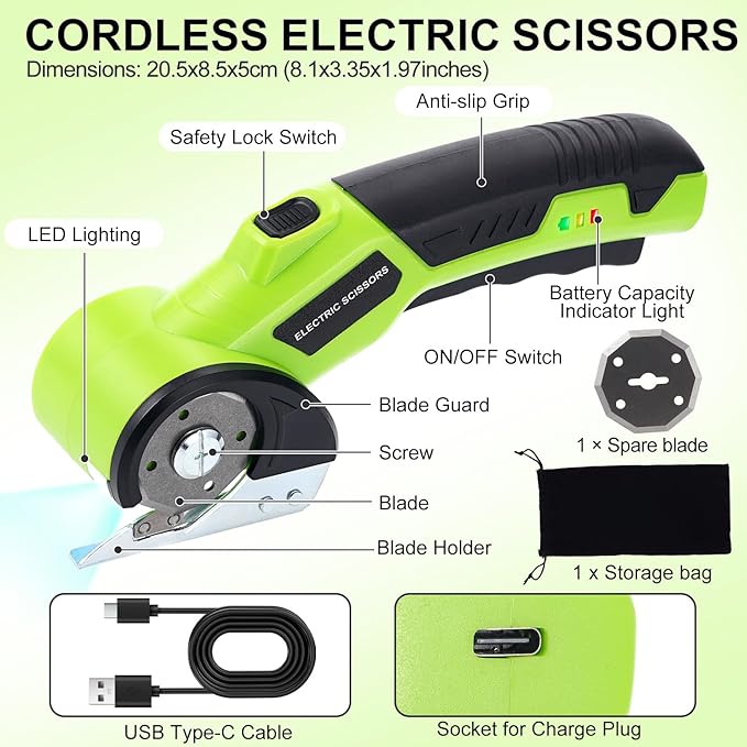 Electric Scissors,Cardboard Cutter,Electric Box Cutter,3.6V Cordless Scissors,Cardboard Cutter with 2 Safety Blades And Storage Bag