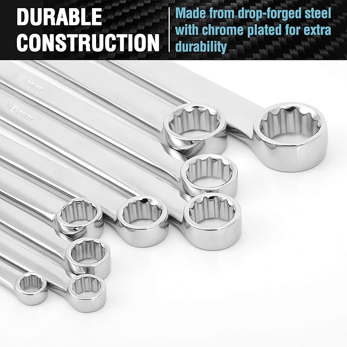 DURATECH Extra Long Ratcheting Wrench Set, Double Box End Wrench Set, Metric, 9-Piece, 8,10,12,13,14,16,17,19,22 mm, CR-V Steel, with EVA Foam Tool Organizer