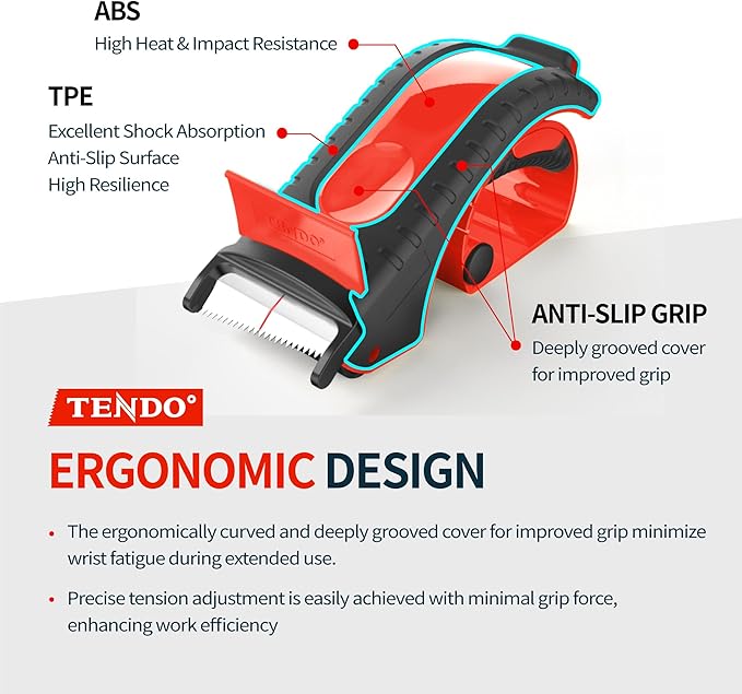 Heavy Duty Shipping Tape Dispenser: TENDO째 Essential Line ??Reusable, Replaceable, Eco-Friendly 2?쇺?Master Piece Dispenser for Pros with Patented 10째 Sloped Chromium Blades - P-2200 (4th Gen.)_Red