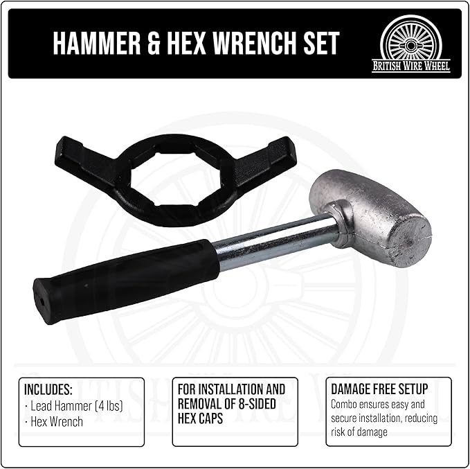 4lb Lead Hammer with 8-sided Hex Wrench Set - Dead Blow Lead Hammer + Hex Wrench are Essential Tools for Lowriders and Cars with Hex Knock-Off Spinner Cap Fitted Wire Wheels