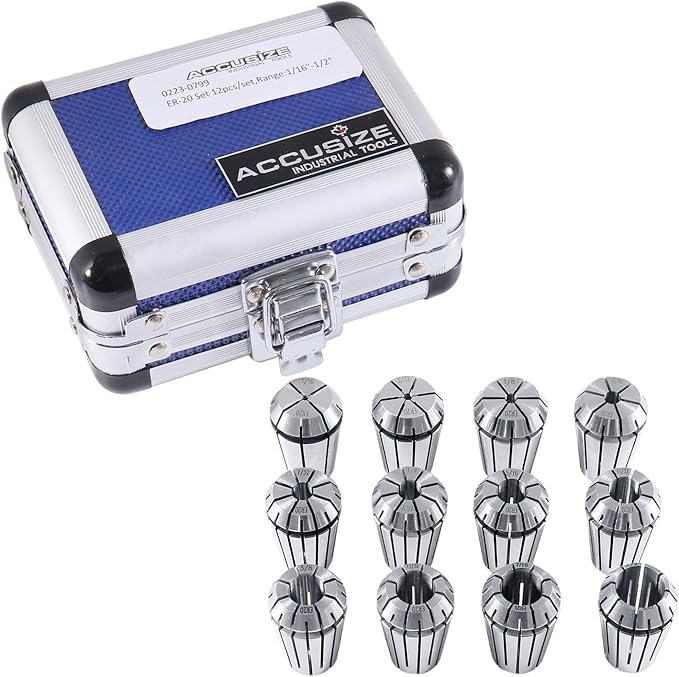 Accusize Industrial Tools 12 Pc Er-20 Collet Set, Size from 1/16'' up to 1/2'' in Fitted Strong Alunimum Box, 0223-0799
