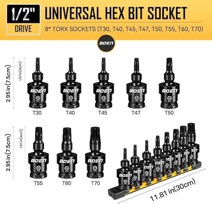 BOEN 8-Pieces Universal Torx Bit Driver Impact Socket, 1/2" Drive Size (T30, T40, T45, T47, T50, T55, T60, T70) With Socket Rail, CR-MO Steel
