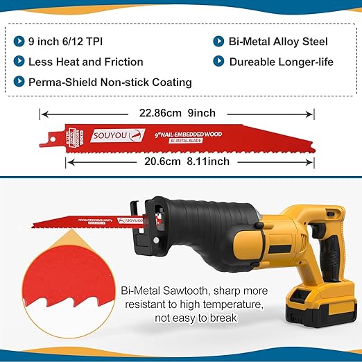 50 Pack 9 Inch 6/12 Tpi Reciprocating Saw Blades Bi-Metal Steel Demon with Perma-Shield Coating Stud and Reciprocating Saw Blades for Cutting Embedded Wood Metals PVC Pallets etc.