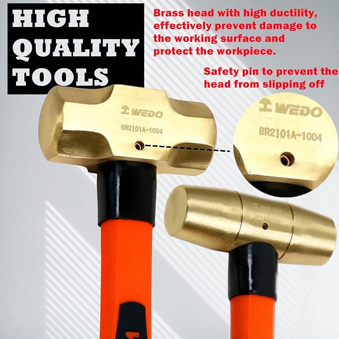 WEDO 3PCS Hammer Set,3lb Sledge Hammer,2lb Ball Pein Hammer,0.7lb Scaling Hammer,Brass,Fiberglass Handle,Die-Forge,Corrosion Resistant