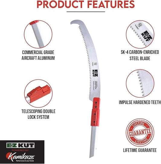 EZ Kut Kamikaze 15??Extendable Tree Trimmer Pole Saw - Branch Cutter with Single Hook Pole Saw Blade for Branch Removal - Best Pole Saws for Tree Trimming. Tree pruner pole saw since 1988
