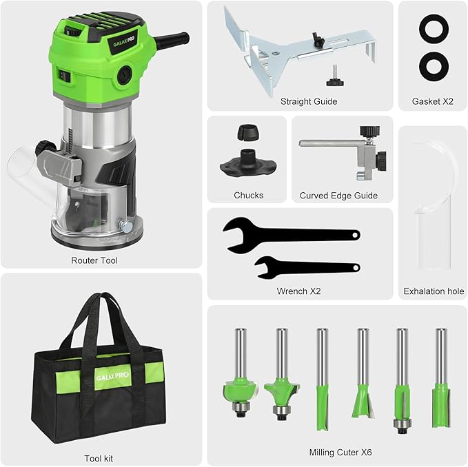 GALAX PRO 6.5 Amp Compact Wood Router with Fixed Base,1.25 HP Variable-Speed Trim Router 12000-30000RPM, Router Bits, Edge Guide, Roller Guide & Dust Hood