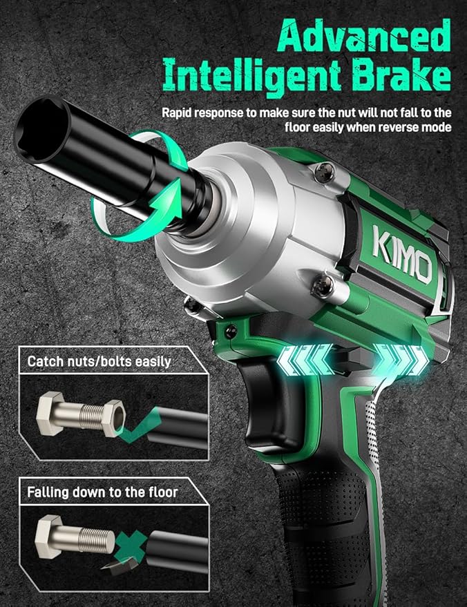 KIMO Impact Wrench 1/2 Cordless, 3000RPM, 9-Piece Drill & Driver Set, 4 Sockets, 406ft-lbs (550N.m) Impact Drill for Car Tires, Safety Lock, 2x4000mAh Battery, Variable Modes Power Smart Impact Wrench