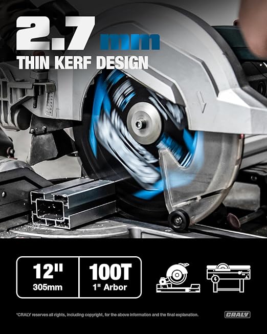 CRALY 12 Inch 100 Teeth Aluminum and Non-Ferrous Metal Cutting Circular Saw Blade, 1 Inch Arbor, Carbide Tipped, Thin Kerf, Black Ice™ Coating, for Medium Aluminum, Plastic, Composite(C12100AL)