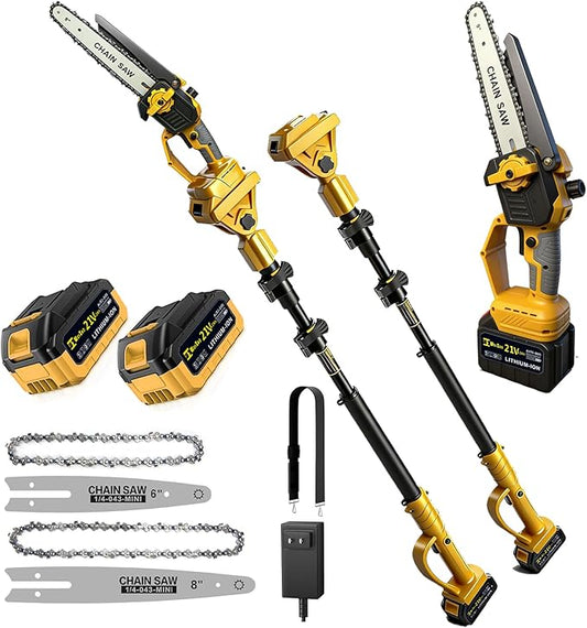 2 in 1 Cordless 6&8 inch Pole Saw & Mini Chainsaw,21V Battery Powered Brushless Electric Tree Trimmer with Extension Pole, 2횞4000mAh Batteries,Lightweight Handheld Pruner