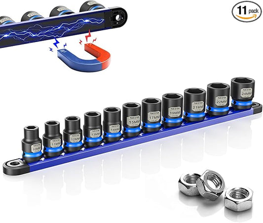 1/2 Inch Drive Impact Socket Set, 11-Piece Metric (10-24mm), Professional Chromoly Steel (CR-MO), 6-Point Shallow Sockets for Impact Wrench, Automotive Repair & General Mechanic Tools