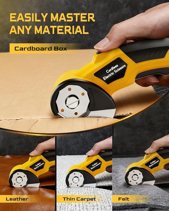 Cordless Electric Scissors,3000mAh Cardboard Cutter Rechargeable,Electric Box Cutters with 2 Blade, 4V Upgrade Motor,Safety Lock & LED Light, Powerful Cutting Tool for Paper,Carpet