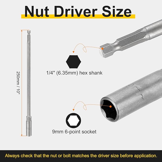 HARFINGTON 2pcs Nut Driver Drill Bit 9mm Metric Socket 1/4" Hex Shank 10" (250mm) Extra Long Magnetic 6-Point Sockets Quick Change 40Cr Steel Bolt Setters for Power Drill Drivers