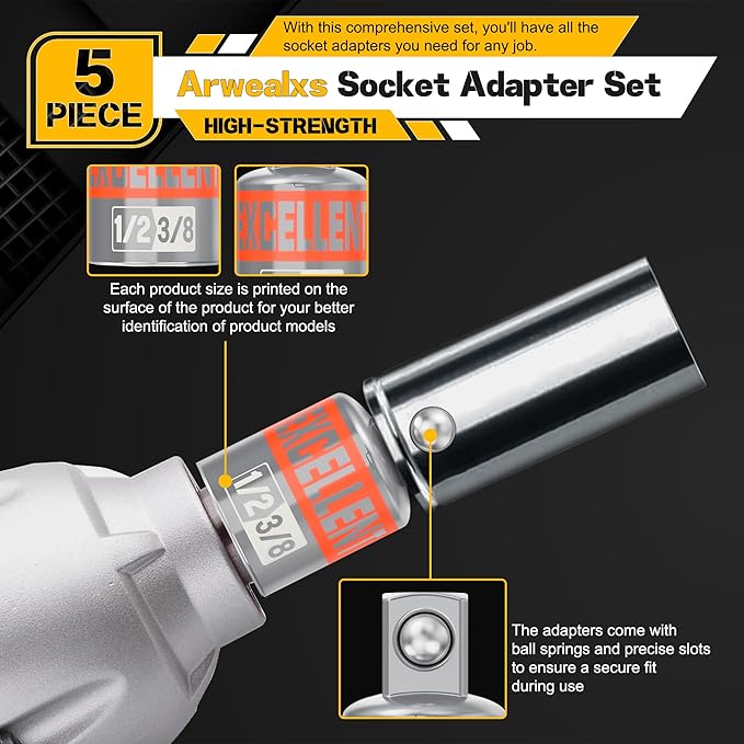 5 Piece Socket Adapter and Reducer Set, 1/4" 3/8" 1/2" Drive Impact Socket Adapter Set for Impact Driver Conversions and Power Drill