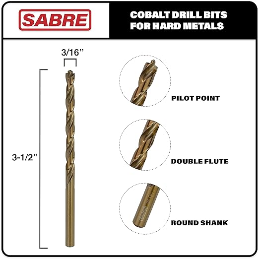 3/16 Inch Cobalt Drill Bit Set 5pcs Heavy-Duty Metal Drill Bits for Steel, Hard Metal, Cast Iron (3/16" x 3-1/2")