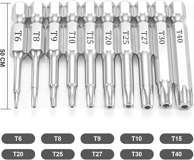 10 Piece Security Torx Bit Set (T6-T40), 1/4 Inch Hex Shank S2 Steel Magnetic Tamper Proof star screwdriver bit set 2" Long