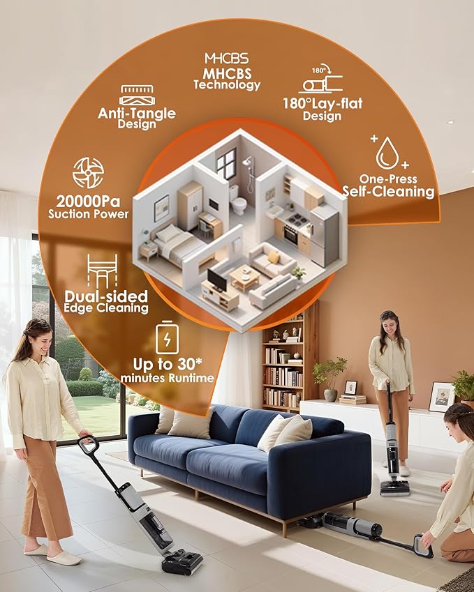 Tineco Floor ONE i5 Stretch Wet Dry Vacuum Cleaner, Vacuum & Mop in One Step, 20kpa Powerful Suction, 180째 Lay-Flat Design, Anti-Tangle Design, Dual-Sided Edge Cleaning, Up to 30* Minutes Runtime