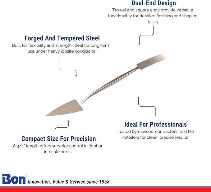 Bon Trowel and Square Tool ??1" Forged Steel Blade with Trowel and Square Ends for Detail Work ??8 3/4" Long Hand Tool for Masonry, Stucco, and Decorative Finishing