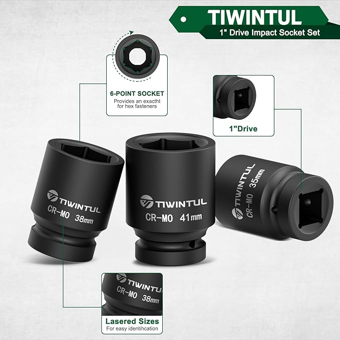 1 Inch Drive Impact Socket Set, 6 Point, Metric,10pcs (27??1mm), 42 CR-MO, Includes 3/4"F x 1"M Adapter & 13/16" Impact Socket, Heavy Duty Large Socket Set for Truck & Equipment Repair