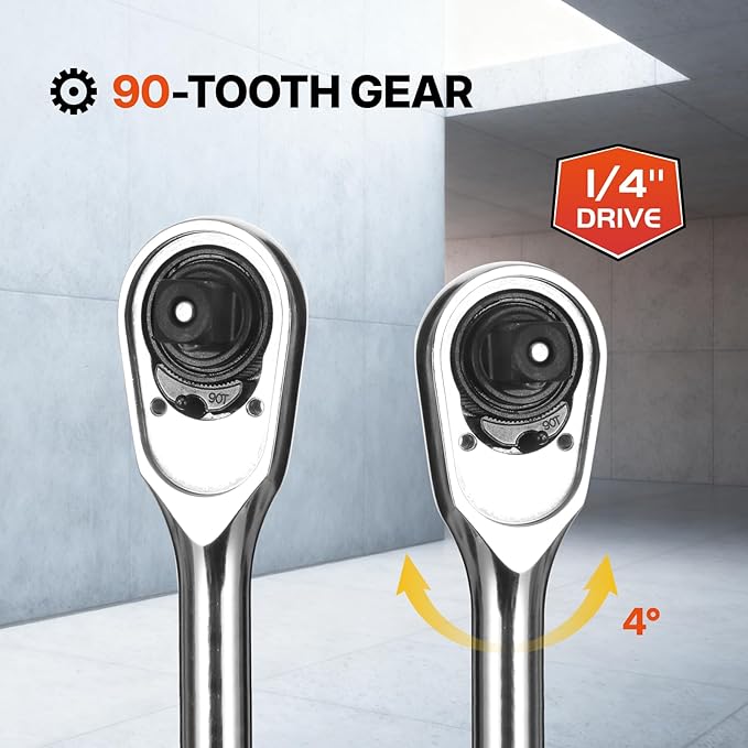 NORTHSKY 1/4" Ratchet,90-Tooth Quick-release 1/4 Drive Ratchet, Reversible Ratchet Wrench with 4-Degree Swing, 6" Long Handle, Chrome Alloy Made, Full Polished, Ratchet Wrench for Repairing, Home