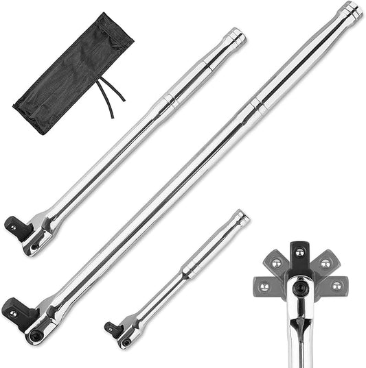 3PCS Breaker Bar Set, 3/8'', 1/4in, 1/2inch Breaker Bars with 180째Rotatable Head, Heavy Duty Breaker Bar Kit with 15 inch, 10 inch, 6 inch Length for Automobile and Motorcycle Maintenance and Repair