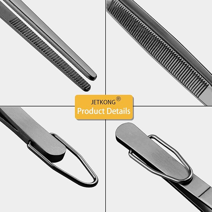 JETKONG 14-Inch Long Stainless Steel Thin Tongs Heavy Duty Kitchen Cooking Tweezers Tongs, Set of 3 (14 14 14 Inch, Black)