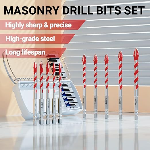 CATITO Multi-Tooth Concrete Drill Bit Set - 10PCS - red, Multi-Tooth Masonry Drill Bit, Carbide Tipped, Hexagonal Shank Drill bit, Glass, Brick, Ceramics, Plastic and Wood
