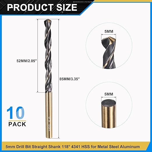 PATIKIL 5mm Drill Bit, Jobber Straight Shank 4341 High-Speed Steel 118째 Black and Gold Finish for Medium-Hard Metal Steel Acrylic - 10 Pack
