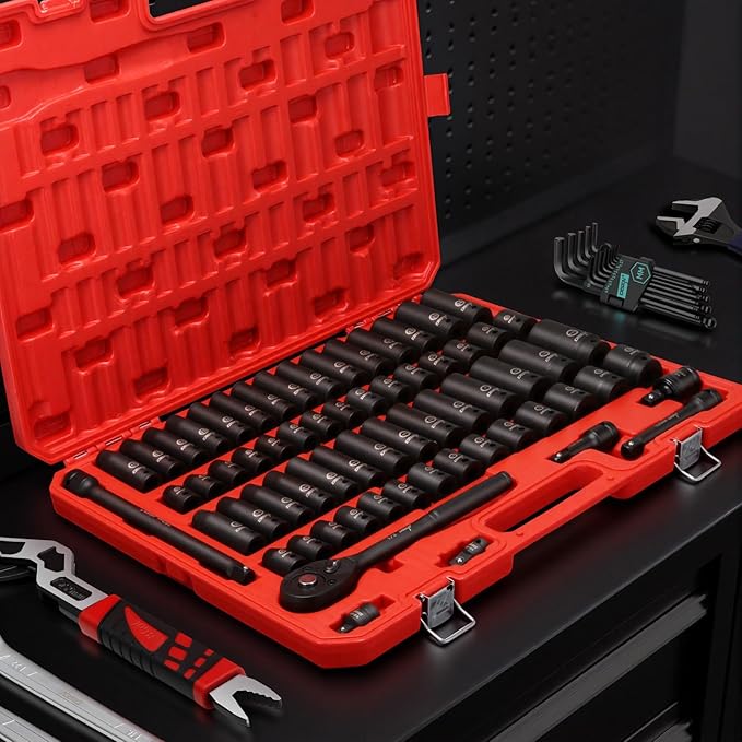 DISEN 65 Pieces 1/2" Drive Impact Socket Set, Metric (10-24mm) & SAE (3/8" to 1-1/4"), 6 Point Cr-V Alloy Steel for Auto Repair, Include Extension Bars, Adapter, Rugged Construction, Storage Case