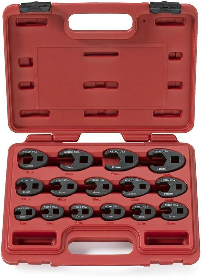 Neiko 03324A Crowfoot Wrench Set 1/2" and 3/8??Drive, 15 Piece, Metric Crows Foot Wrench Sizes 8mm-24mm, Chrome-Moly Flare Nut Wrench Set