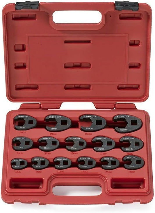 Neiko 03324A Crowfoot Wrench Set 1/2" and 3/8??Drive, 15 Piece, Metric Crows Foot Wrench Sizes 8mm-24mm, Chrome-Moly Flare Nut Wrench Set