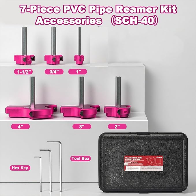 6Pcs Triple Blade PVC Pipe Reamer Kit 3 Blades Pipe Fitting Saver Tool for Plumbing with Triple Blade & 1/4-Inch Hex Shaft for PVC SCH40 ABS CPVC (3/4", 1", 1-1/2", 2", 3", 4") Plastic Fitting Reamer