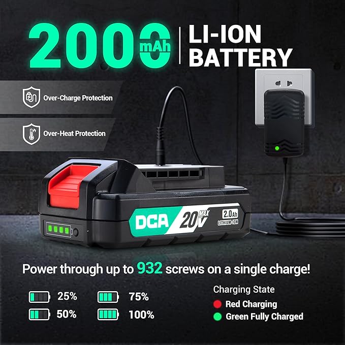 DCA 20V Brushless Hammer Drill Cordless, 492 in-lb Torque Impact Drill, 1/2" All-Metal Keyless Chuck,18+1+1, (0-450/0-1800RPM), 27000 IPM, Compact Design with 2.0Ah Battery & Charger,ADJZ2055i