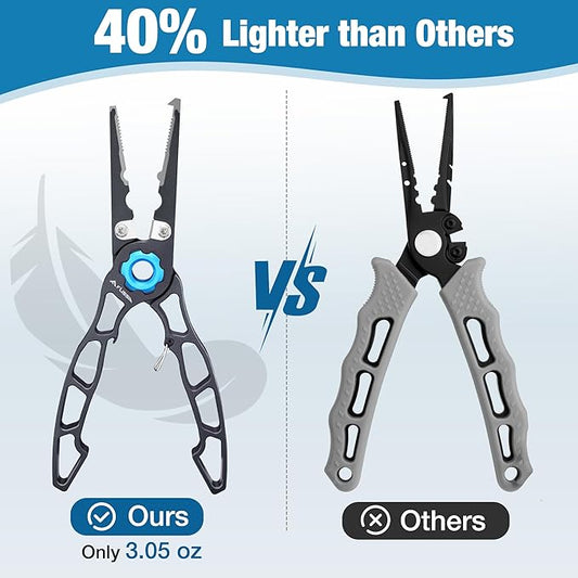 FLISSA 7.5 Inch Lightweight Fishing Pliers, Titanium 6Al-4V Jaw and Tungsten Carbide Line Cutters, Safety Lock Fish Pliers with Aluminum Handle, Sheath & Lanyard, Fishing Gear Gifts for Men