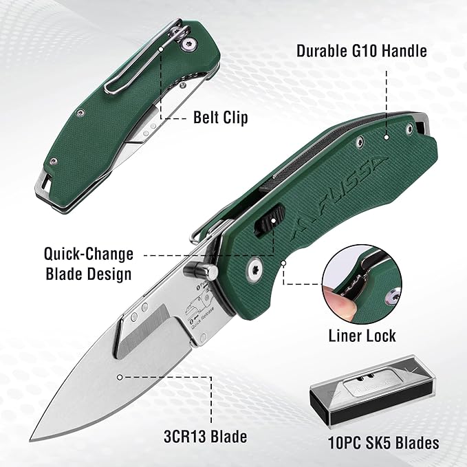 FLISSA Replaceable Blade Folding Knife, 3-in-1 Pocket Hunting Knives, Liner Lock Knife for Hunting, Skinning & Field Dressing, Green G10 Handle, Includes 16 Blades