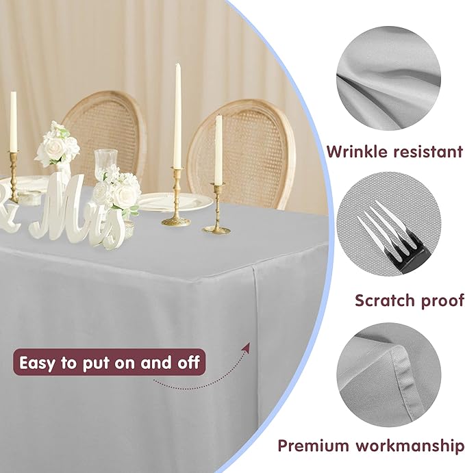 HolidayIdeas 2 Pack Fitted Table Clothes - 48 x 24 Inch - Silver Rectangle Tablecloths for 4 Foot Tables, Polyester Fabric Tablecloth for Parties, Birthday, Baby Shower, Trade Show, Wedding