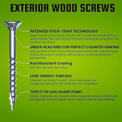 Velocity Long Length Exterior 6 Inch Wood Screws - T25 Torx Bits (Size #12) ??Rust Resistant Long Wood Screw Set with Stick Tight Hexstix Driver Bit (50 Count)