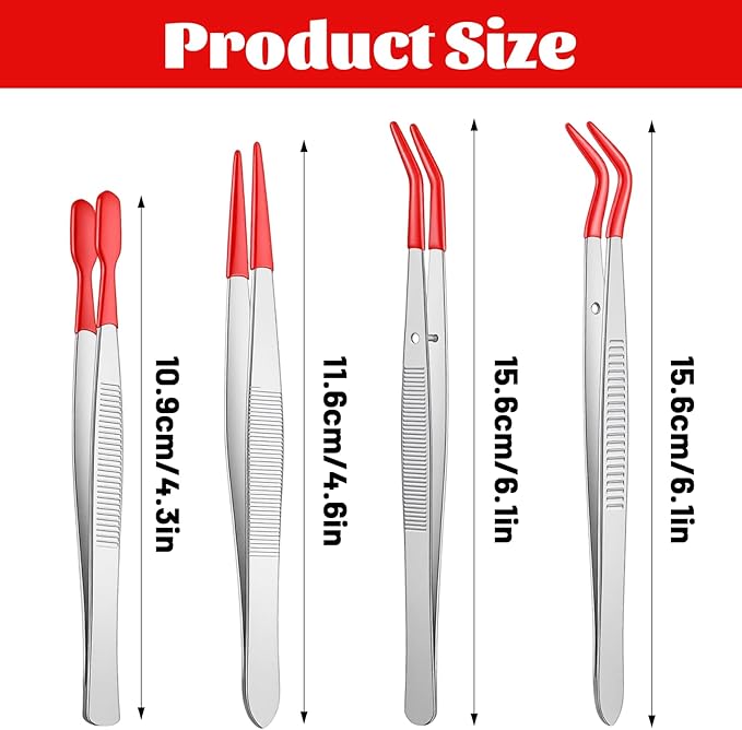 4 Pcs Tweezers with Rubber Tips Rubber Long Bent and Straight Flat Tip Long Bent Tweezer PVC Coated Precision Tweezers for Stamps Coins Jewelry Crafts Industrial Electronic Lab