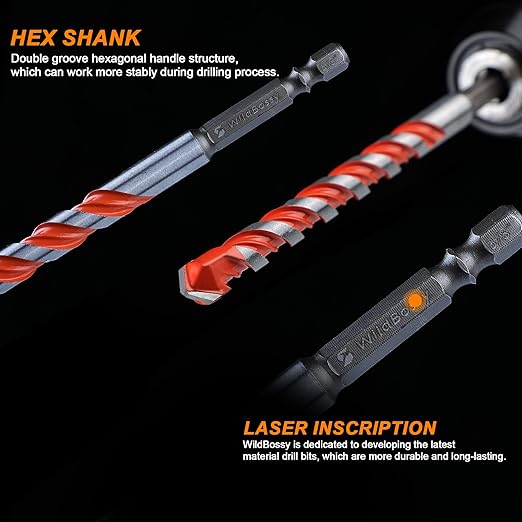 Concrete Carbide Drill Bits Hex Shank Masonry Cement Tile Drill Bit Set for Glass/Brick/Plastic/Cement/Tile 1/2" (5PCS)