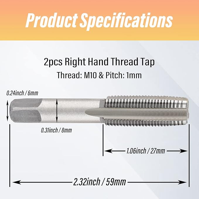 Qjaiune 2pcs M10x1.0 Tap, M10 Metric Thread Tap Right Hand Thread Tapping Tool, HSS Thread Milling Taps (M10 x 1.0, Taper & Plug Tap)