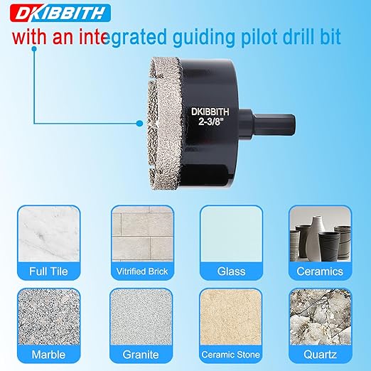 DKIBBITH 2-3/8" Diamond Hole-Saw Bits with Pilot Drill Bit - 2Pack 2-3/8" Diamond Tipped Tile Hole Saws with Guiding Bit for Porcelain Tile Ceramic Pottery Granite Stone Glass Bottles 60mm.