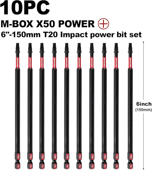 10Pieces 6 In. T20 Impact Tough Magnetic Screwdriver Bit Set, #20 Torx Head Power Bits, S2 Alloy Steel Star Bits with Storage M-Box