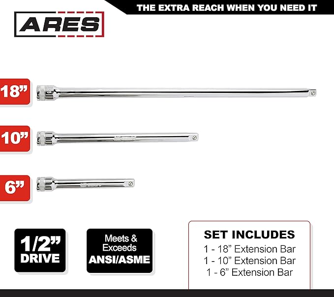 ARES 41010-3-Piece 1/2-Inch Drive Socket Extension Set - Includes 6-Inch, 10-Inch, and 18-Inch Extensions - Premium Chrome Vanadium Steel with Mirror Finish