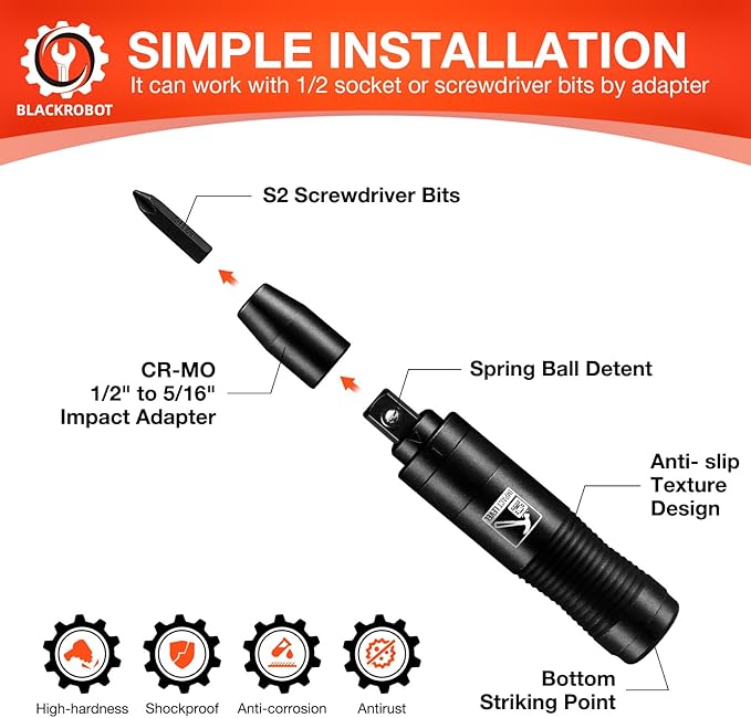 BLACKROBOT 1/2 Inch Drive Impact Screwdriver Set, CR-V, Hand Manual Reversible Impact Driver Set Extractor, 5/16 Inch Bit Adapter with S2 Steel Bits, 10PCS, Disengage Rusted Fasteners or Frozen Bolts