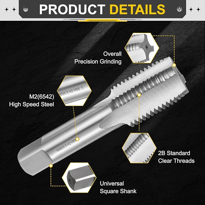 uxcell Hand Plug Tap M46 x 4.5 H2 Metric Thread Plug Style Taps Straight Flute Screw Tapping Threading Tool High Speed Steel HSS6542
