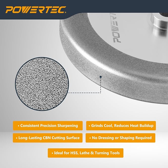 POWERTEC CBN Grinding Wheel 8 Inch 180 Grit, 1-1/4" Wide, 5/8" Arbor ??4-in-1 CBN Sharpening Wheel with 1/4" Radius Edge and Side Face for Bench Grinder (15702)
