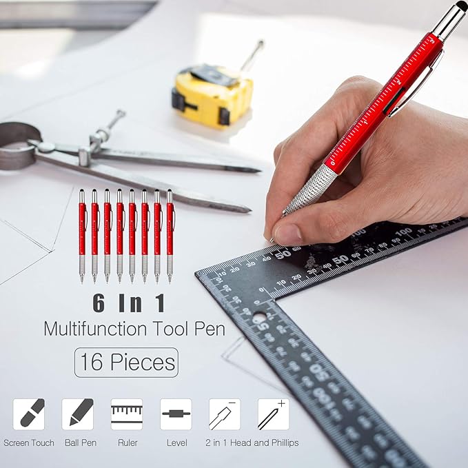 Zhanmai 16 Pcs Multitool Pens 6 in 1 Multi-tool Pen Set with Refills for Men's Birthday Gifts, Christmas Stocking Stuffers for Men Dad Husband (Red)