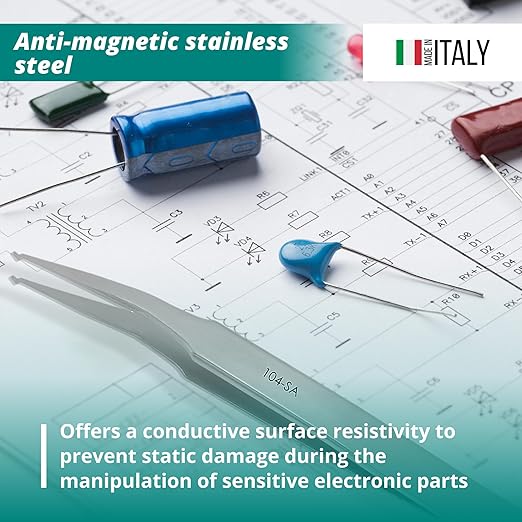 Excelta 104-SA 15° Bent Tweezers, 4.5 Inch Paddle Tip for SOT-89 Transistors and Chip Capacitors, Wide Point Anti-Magnetic Stainless Steel, Conductive Surface Resistivity, Made in Italy, Professional