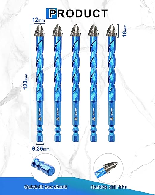Serrated Carbide Masonry Drill Bit Set 1/2"*10 - Wood Drill Bits for Wood/Plastic/Masonry/Ceramic Tile Hex Shank Drills
