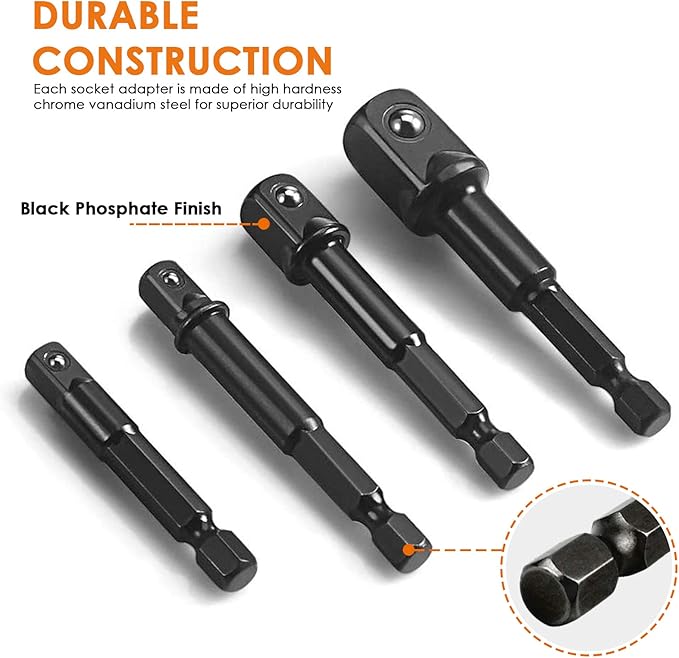 THINKWORK Impact Socket Adapter Set, 1/4" 3/8" 1/2" Drill Socket Adapter Set with 1/4" Hex Shank for Impact Power Driver, Cordless Drill & Screwdriver