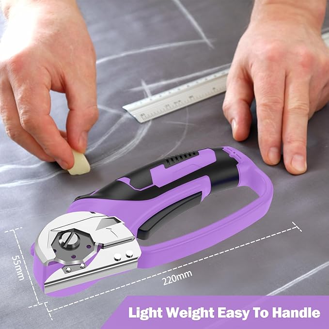 Cordless Electric Scissors, 4V Box Cutter & Cardboard Cutter with 2 Titanium Blades - Rotary Cutter with LED Light for Fabric, Leather, Carpet, Plastic, Crafting + Storage Case (Purple)
